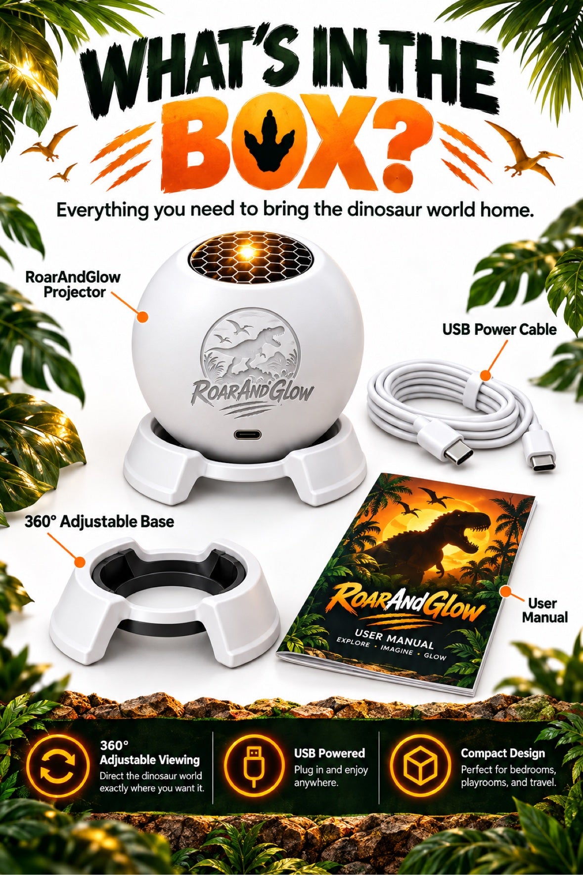 What is in the box - RoarAndGlow projector, base, USB cable and user manual